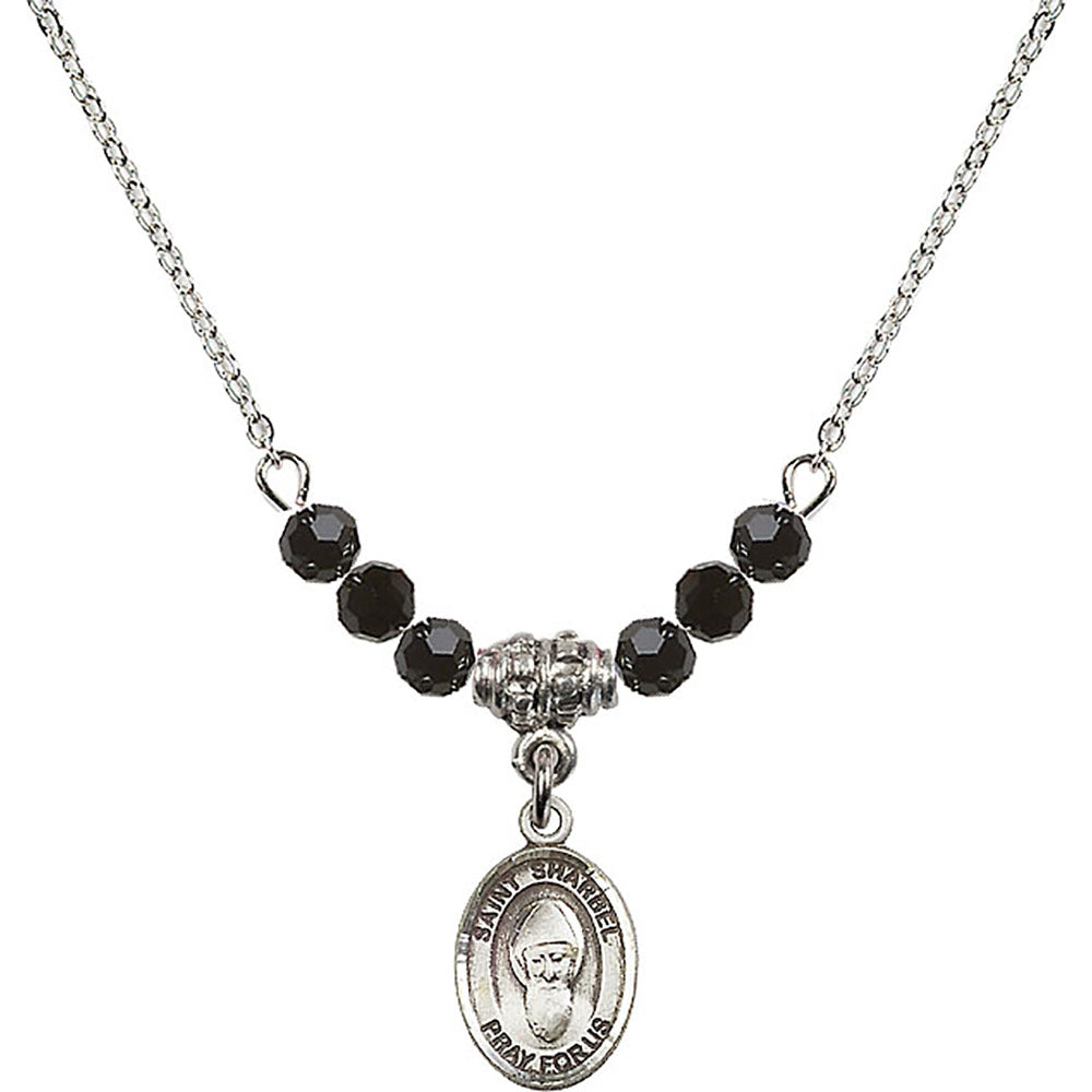 Sterling Silver Saint Sharbel Birthstone Necklace with Jet Beads - 9271