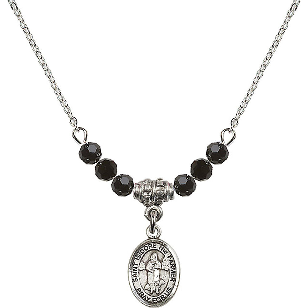 Sterling Silver Saint Isidore the Farmer Birthstone Necklace with Jet Beads - 9276