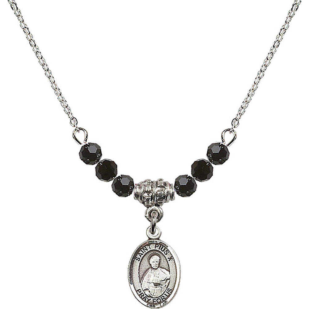 Sterling Silver Saint Pius X Birthstone Necklace with Jet Beads - 9305