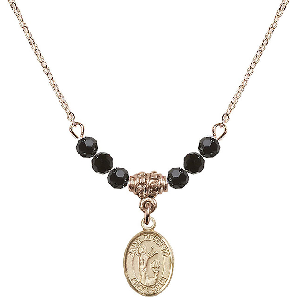 14kt Gold Filled Saint Kenneth Birthstone Necklace with Jet Beads - 9332