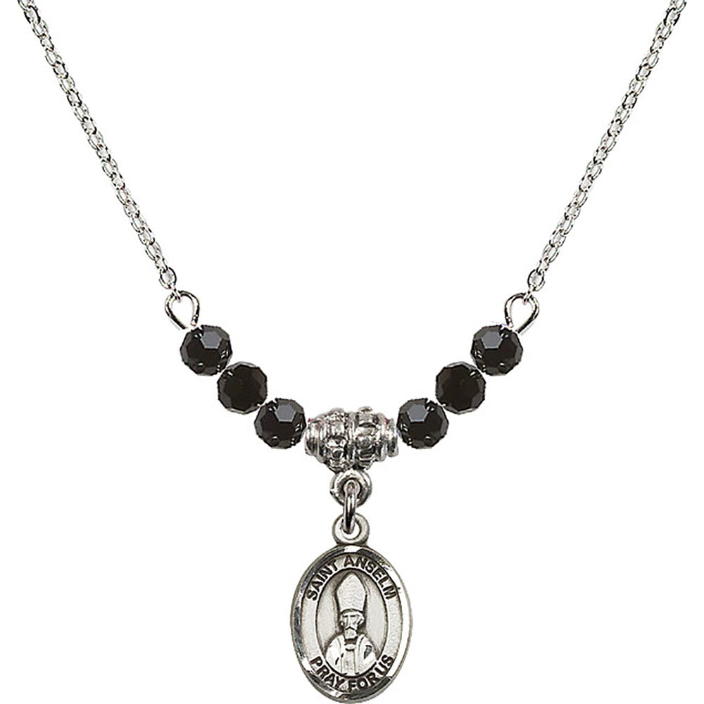 Sterling Silver Saint Anselm of Canterbury Birthstone Necklace with Jet Beads - 9342