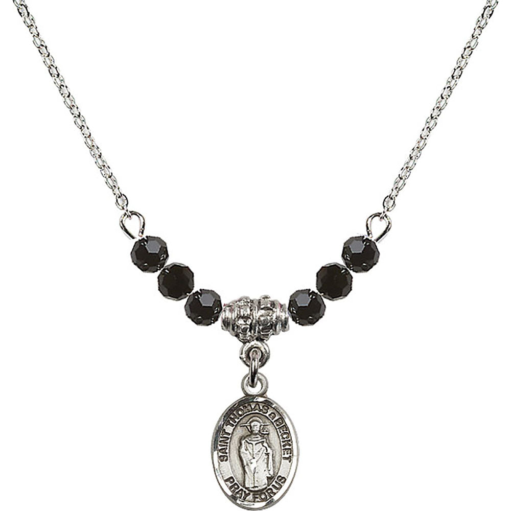 Sterling Silver Saint Thomas A Becket Birthstone Necklace with Jet Beads - 9344