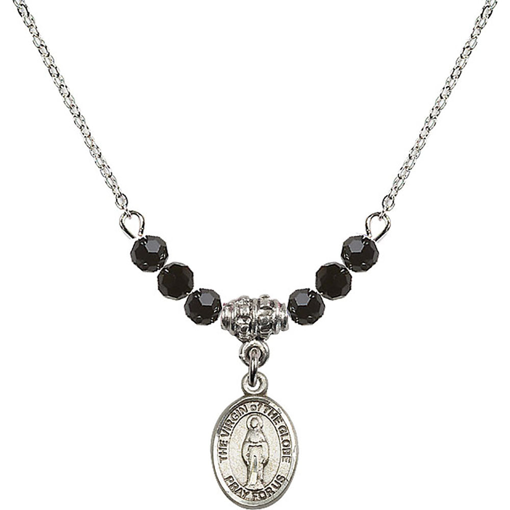 Sterling Silver Virgin of the Globe Birthstone Necklace with Jet Beads - 9345