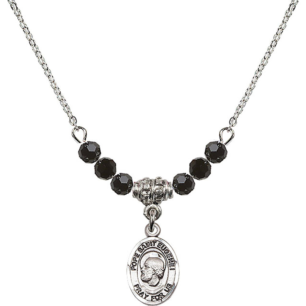 Sterling Silver Pope Saint Eugene I Birthstone Necklace with Jet Beads - 9352