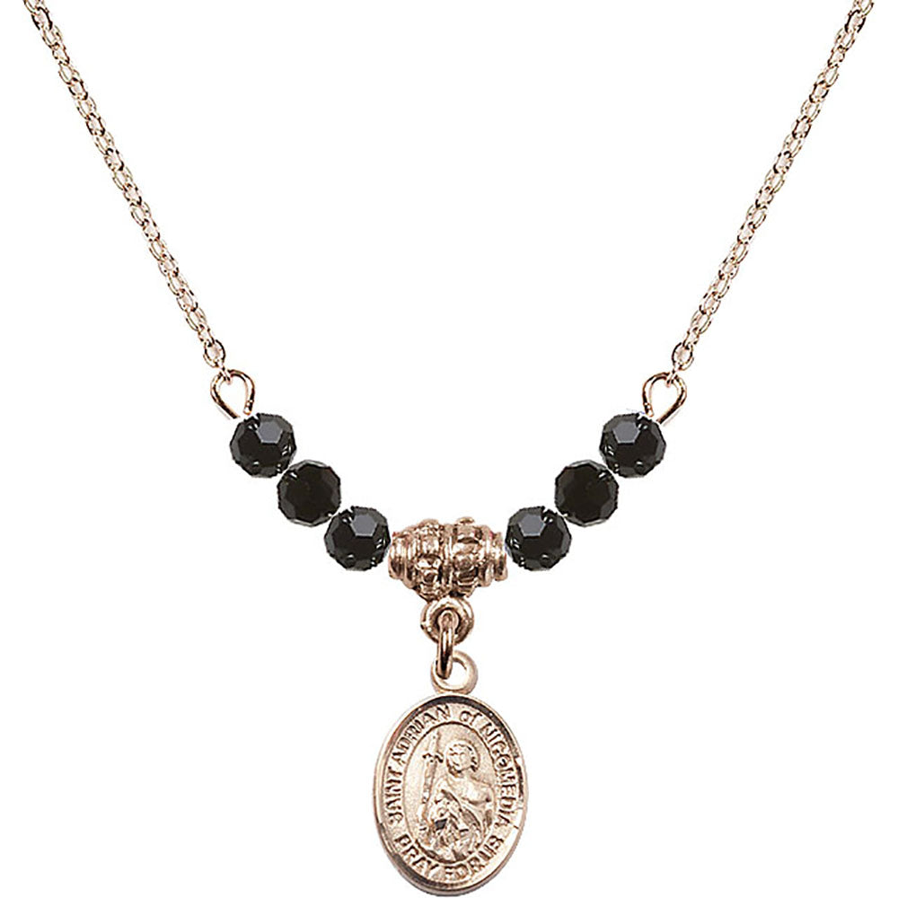 14kt Gold Filled Saint Adrian of Nicomedia Birthstone Necklace with Jet Beads - 9353