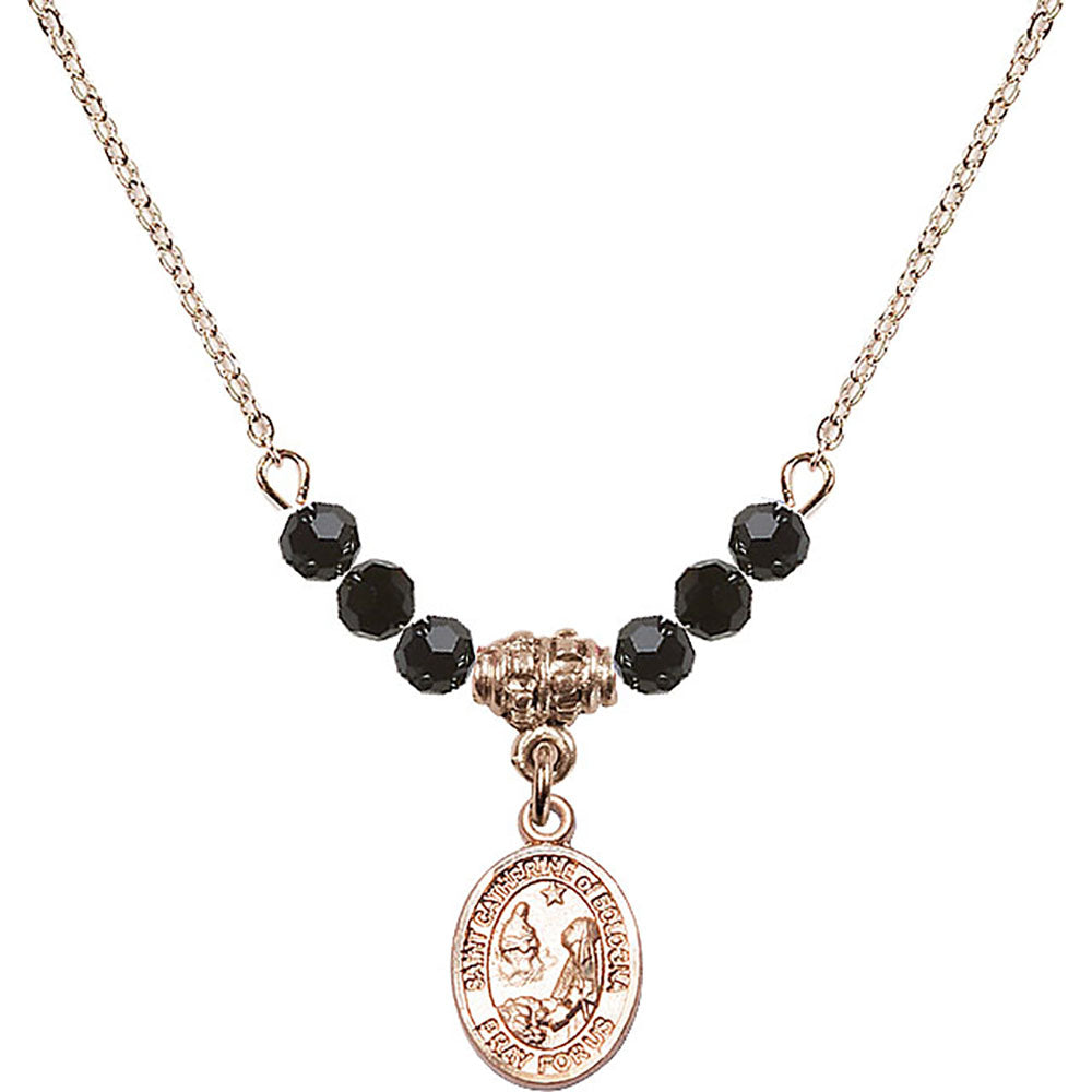 14kt Gold Filled Saint Catherine of Bologna Birthstone Necklace with Jet Beads - 9354