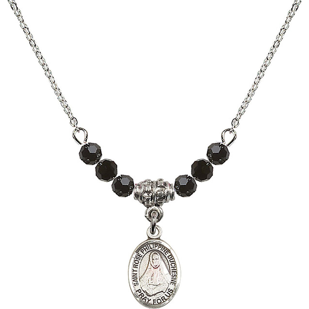 Sterling Silver Saint Rose Philippine Duchesne Birthstone Necklace with Jet Beads - 9371
