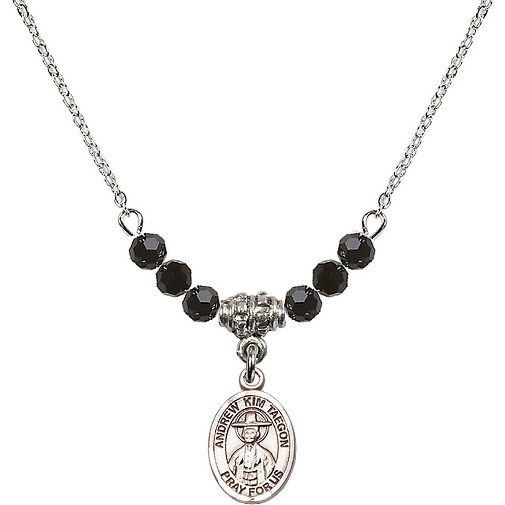 Sterling Silver Saint Andrew Kim Taegon Birthstone Necklace with Jet Beads - 9373