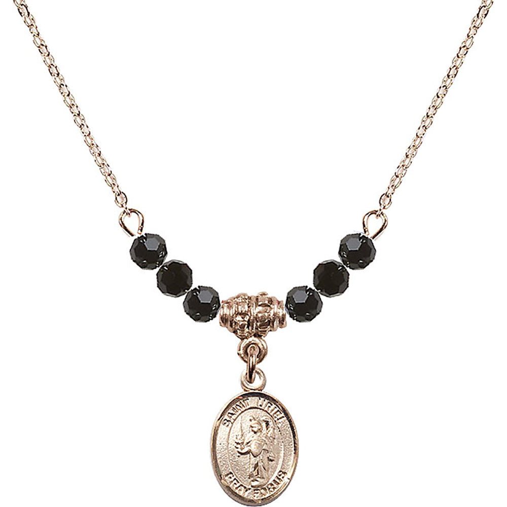 14kt Gold Filled Saint Uriel the Archangel Birthstone Necklace with Jet Beads - 9378