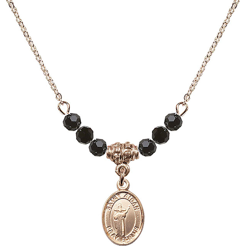 14kt Gold Filled Saint Aidan of Lindesfarne Birthstone Necklace with Jet Beads - 9381