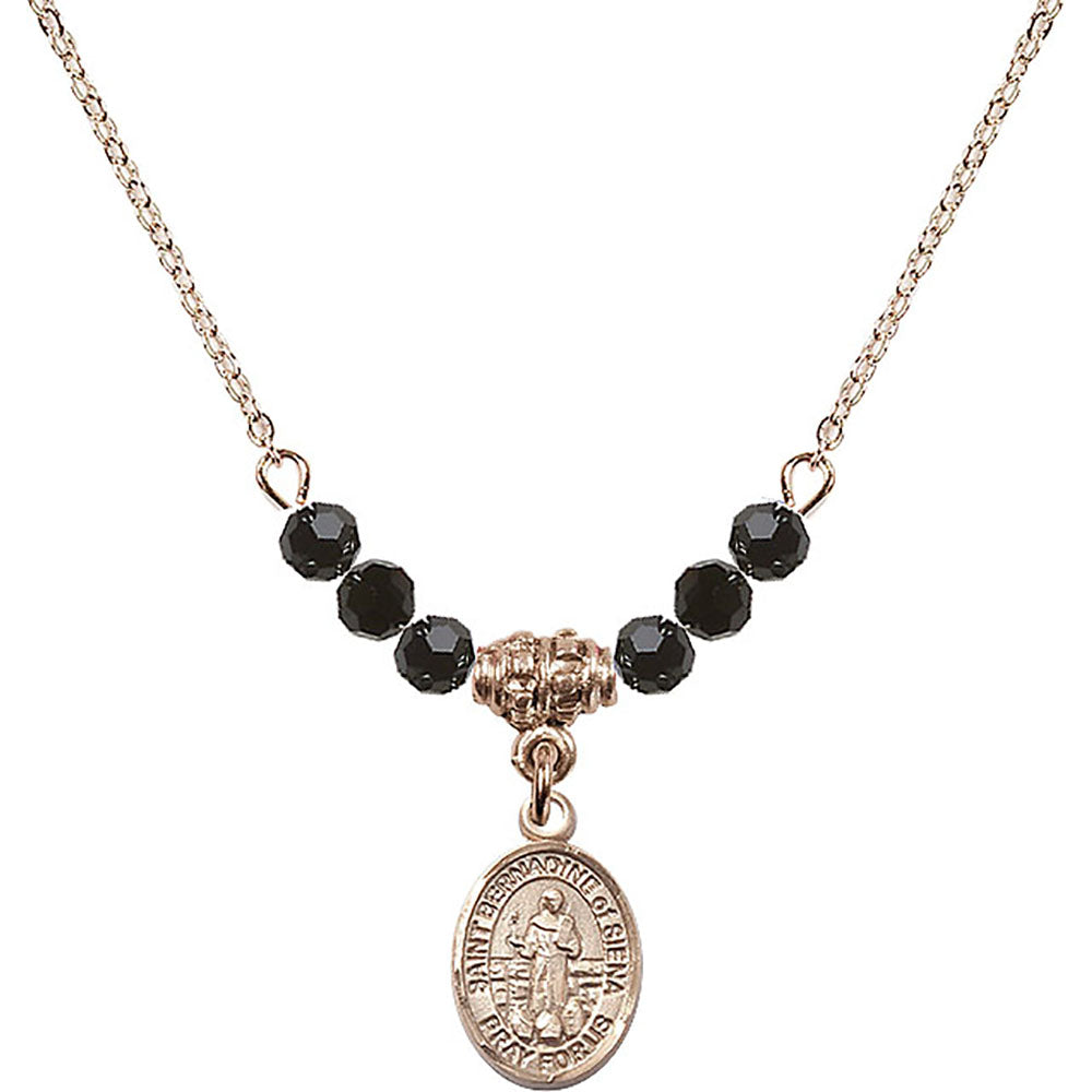 14kt Gold Filled Saint Bernadine of Sienna Birthstone Necklace with Jet Beads - 9387