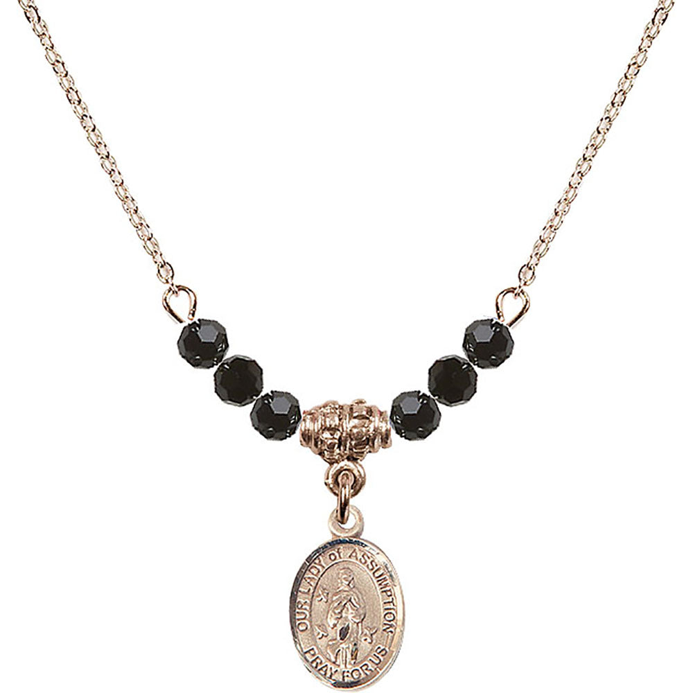 14kt Gold Filled Our Lady of Assumption Birthstone Necklace with Jet Beads - 9388