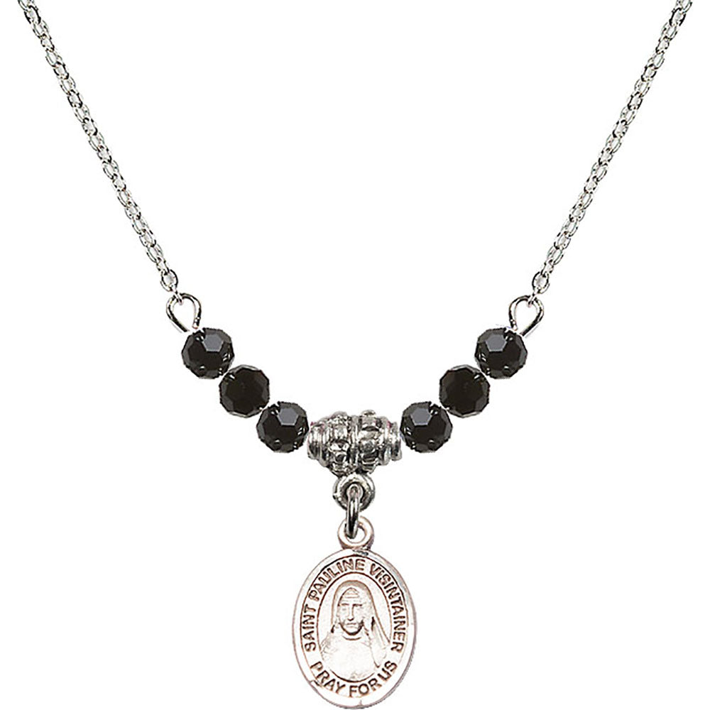 Sterling Silver Saint Pauline Visintainer Birthstone Necklace with Jet Beads - 9391