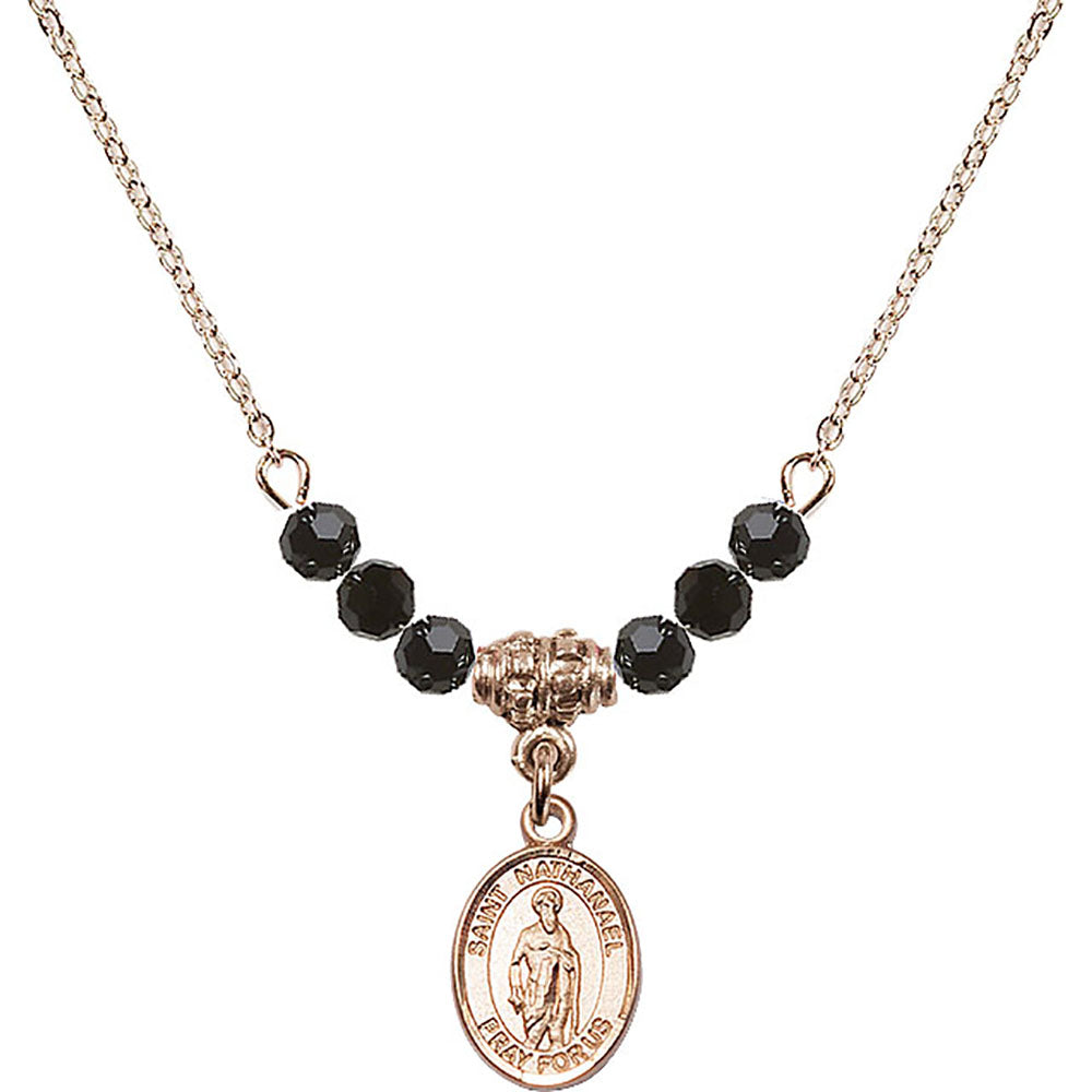 14kt Gold Filled Saint Nathanael Birthstone Necklace with Jet Beads - 9398