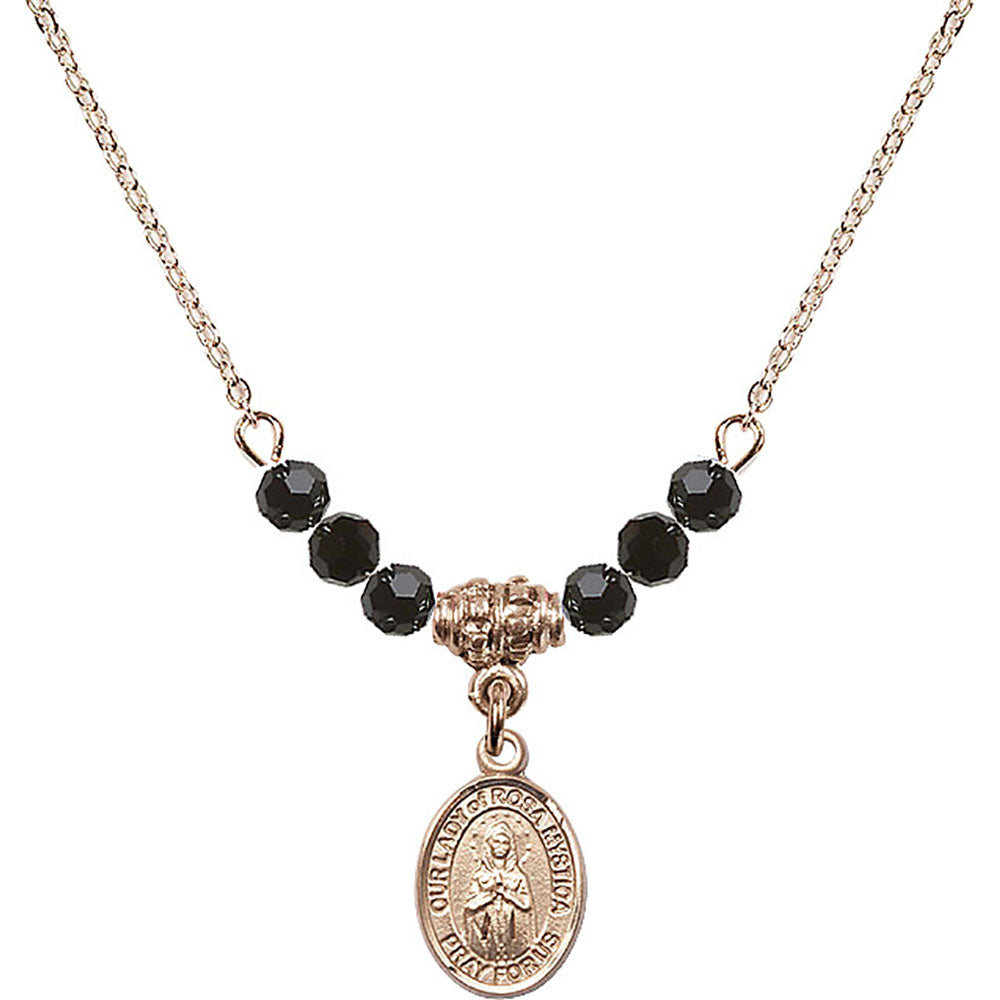 14kt Gold Filled Our Lady of Rosa Mystica Birthstone Necklace with Jet Beads - 9413