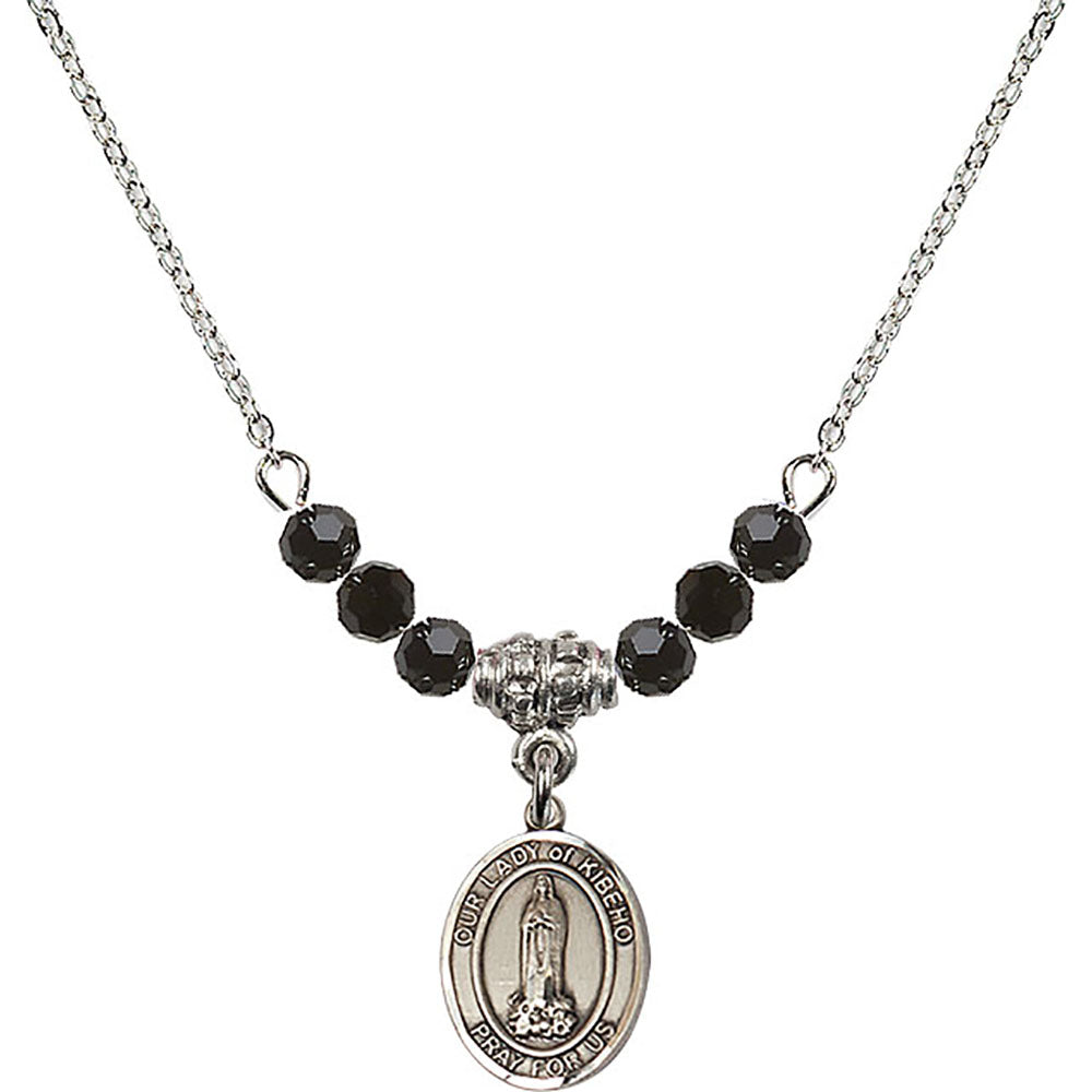 Sterling Silver Our Lady of Kibeho Birthstone Necklace with Jet Beads - 9414