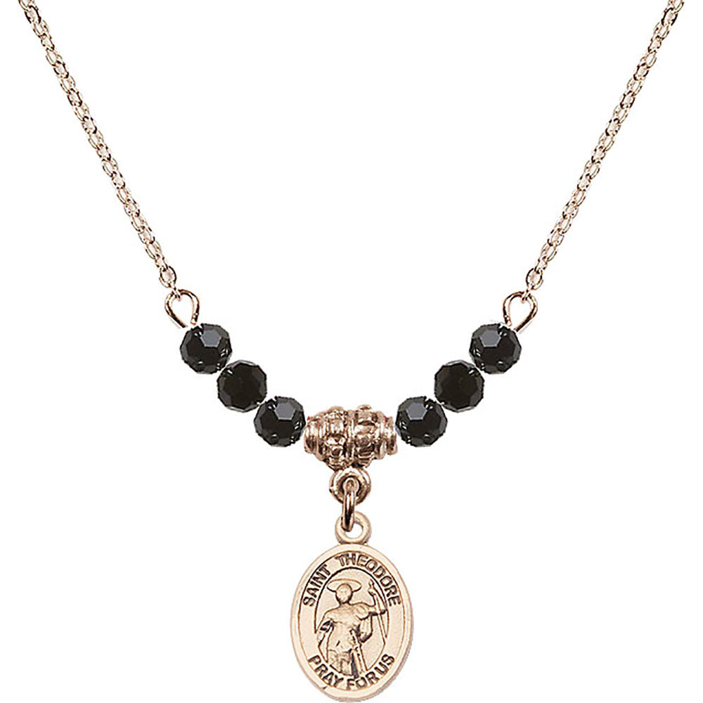 14kt Gold Filled Saint Theodore Stratelates Birthstone Necklace with Jet Beads - 9415