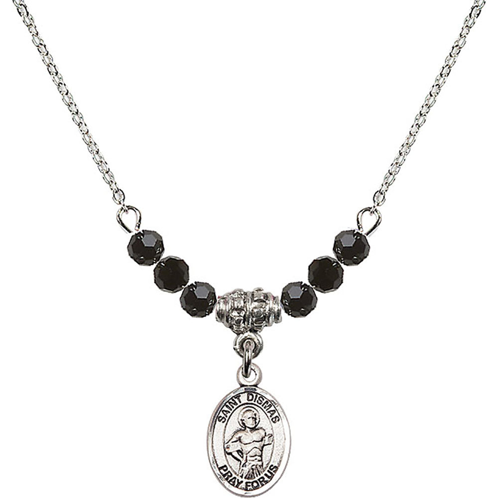 Sterling Silver Saint Dismas Birthstone Necklace with Jet Beads - 9418