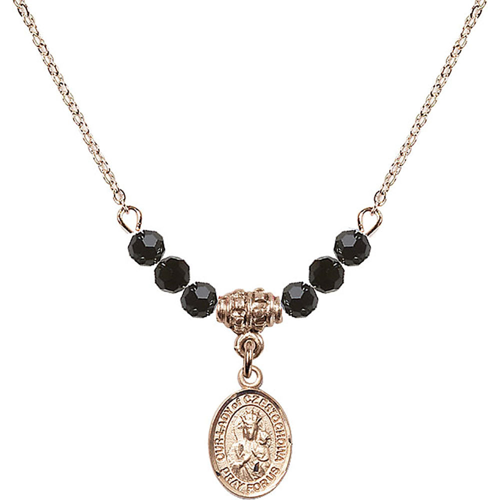 14kt Gold Filled Our Lady of Czestochowa Birthstone Necklace with Jet Beads - 9421