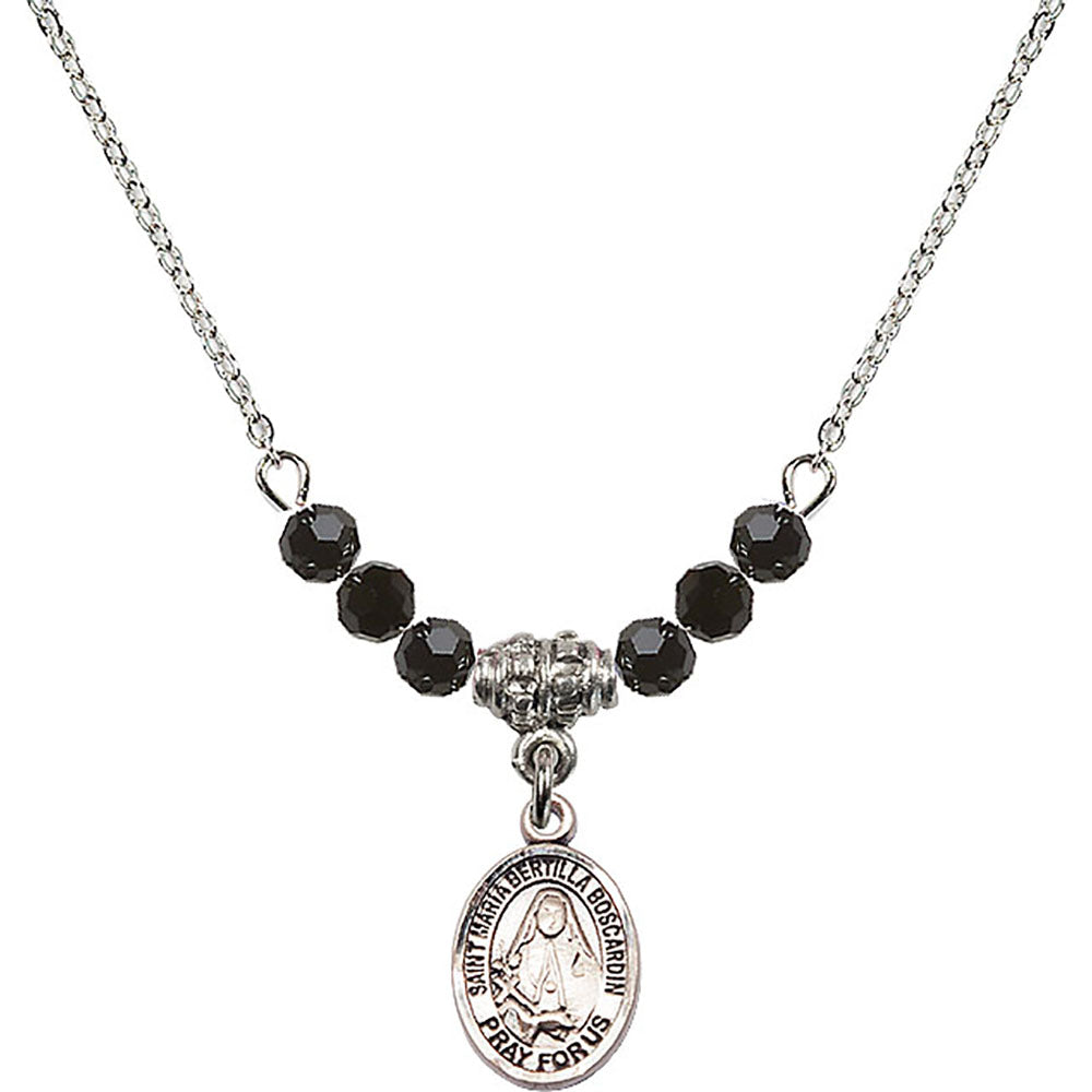 Sterling Silver Saint Maria Bertilla Boscardin Birthstone Necklace with Jet Beads - 9428