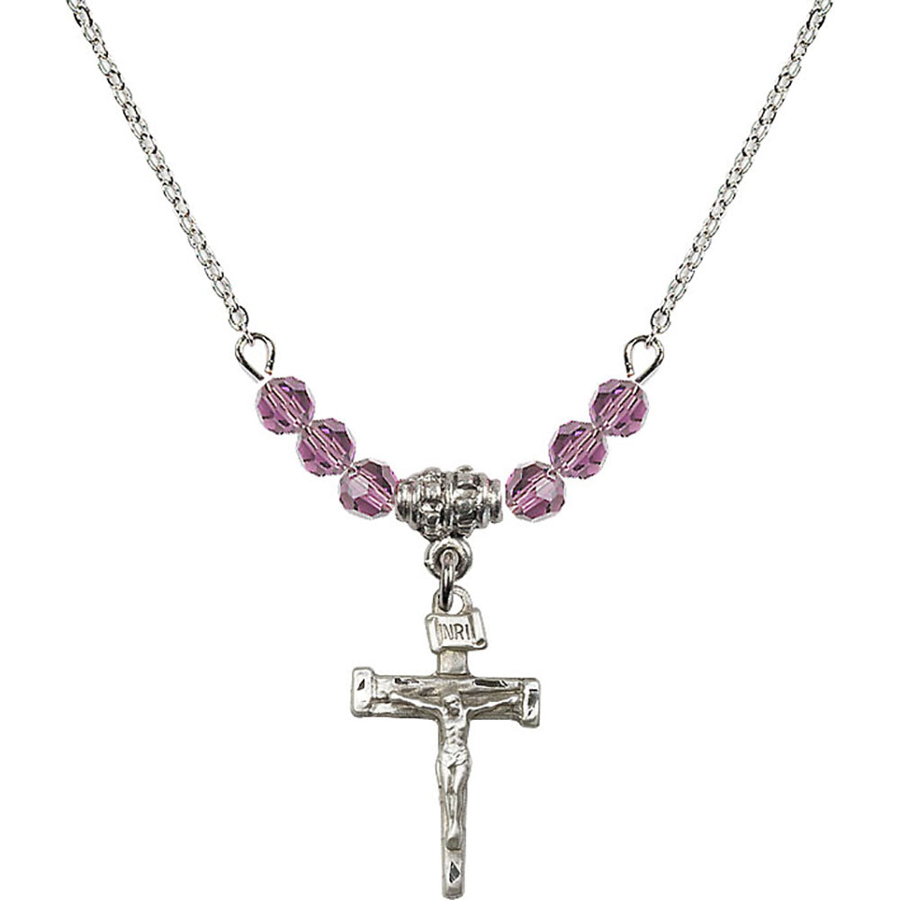 Sterling Silver Nail Crucifix Birthstone Necklace with Light Amethyst Beads - 0072