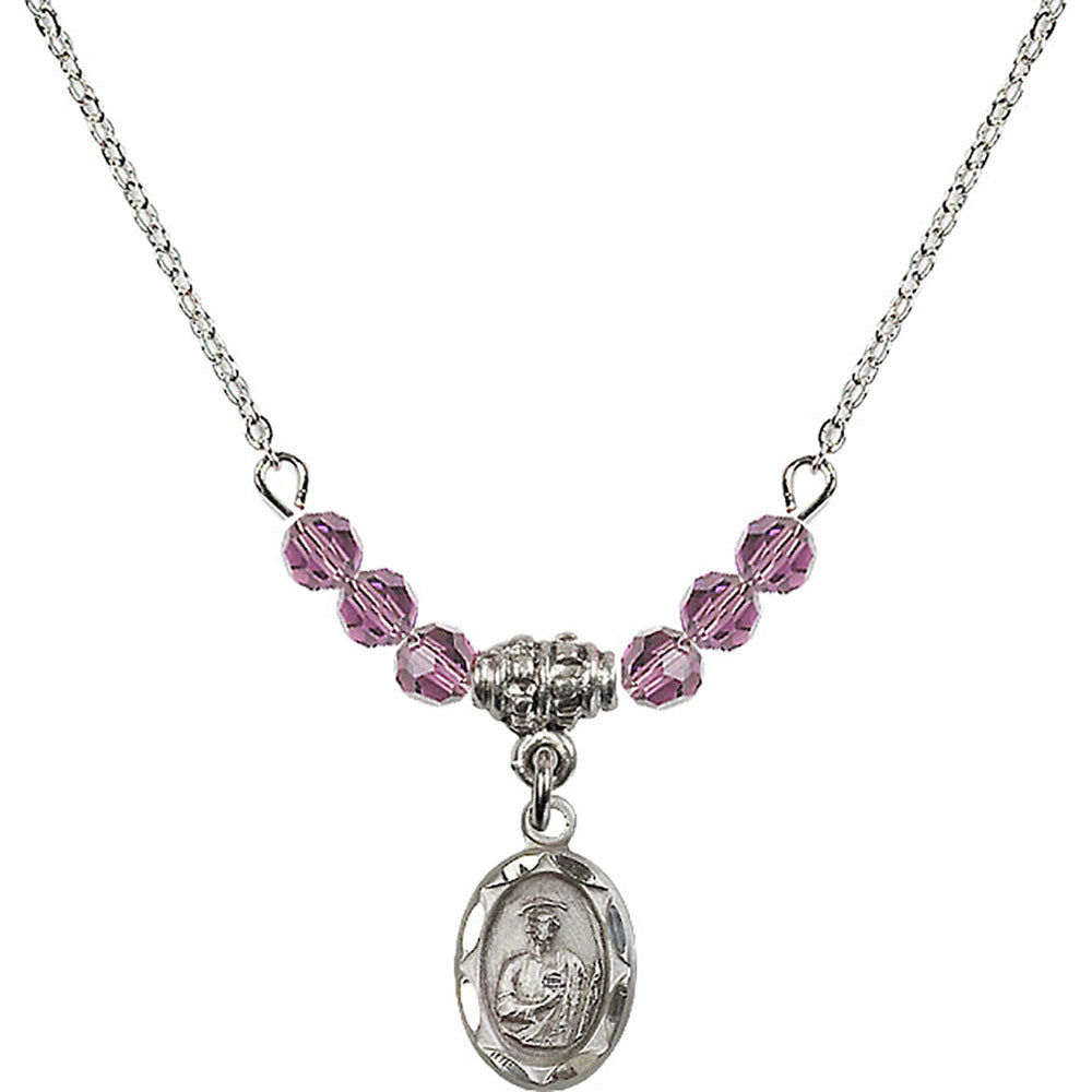 Sterling Silver Saint Jude Birthstone Necklace with Light Amethyst Beads - 0301