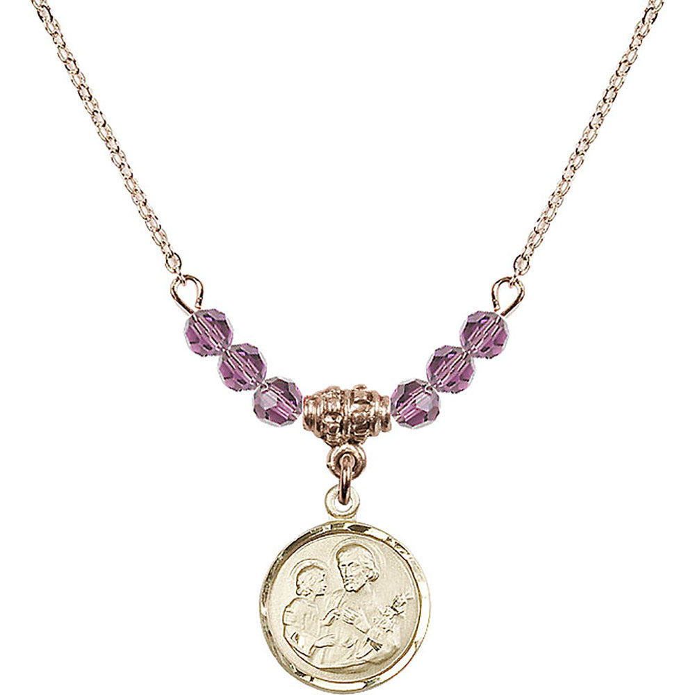 14kt Gold Filled Saint Joseph Birthstone Necklace with Light Amethyst Beads - 0601