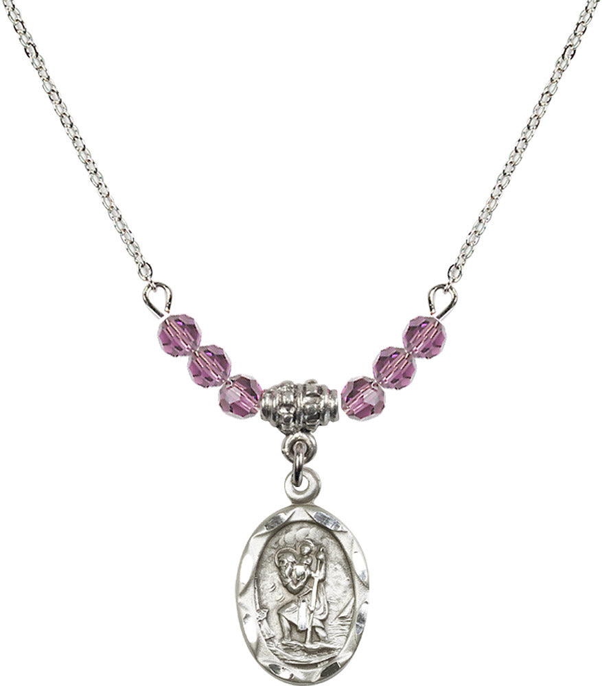 Sterling Silver Saint Christopher Birthstone Necklace with Light Amethyst Beads - 0612