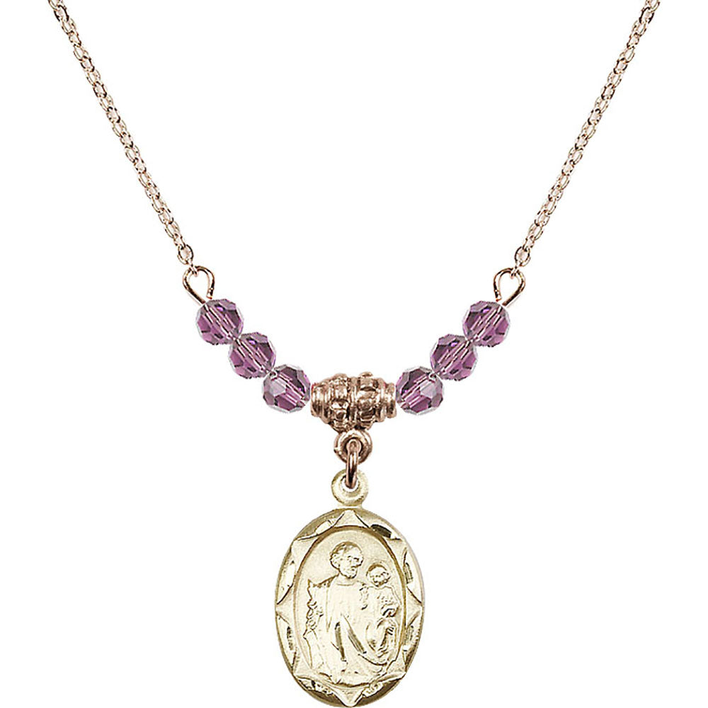 14kt Gold Filled Saint Joseph Birthstone Necklace with Light Amethyst Beads - 0612