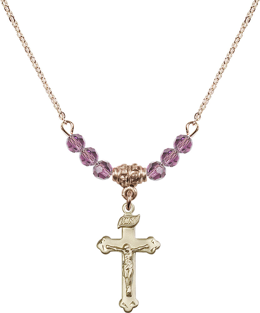 14kt Gold Filled Crucifix Birthstone Necklace with Light Amethyst Beads - 0669