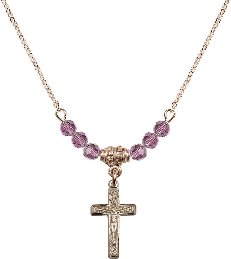 14kt Gold Filled Crucifix Birthstone Necklace with Light Amethyst Beads - 0672