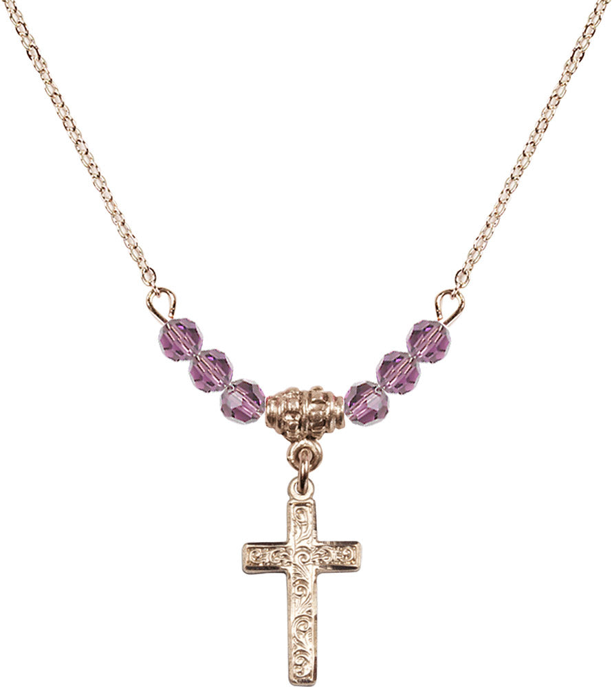 14kt Gold Filled Cross Birthstone Necklace with Light Amethyst Beads - 0672