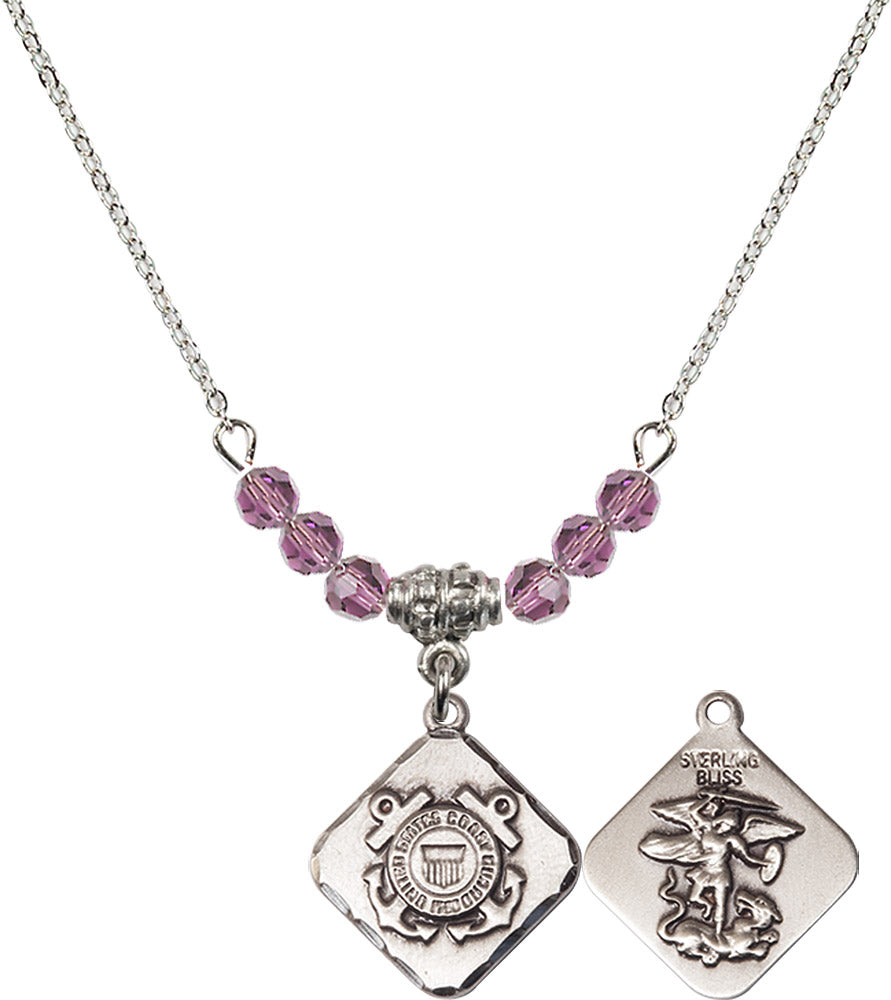 Sterling Silver Coast Guard Diamond Birthstone Necklace with Light Amethyst Beads - 1180