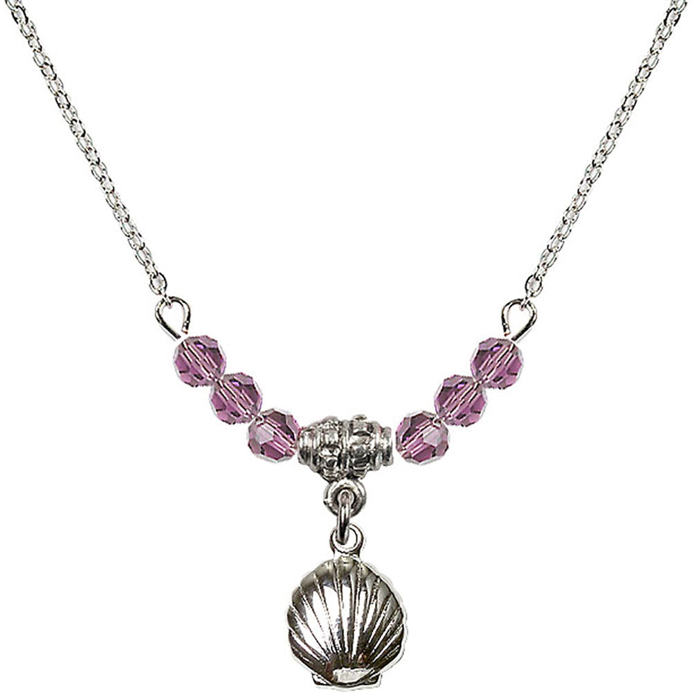 Sterling Silver Shell Birthstone Necklace with Light Amethyst Beads - 1260