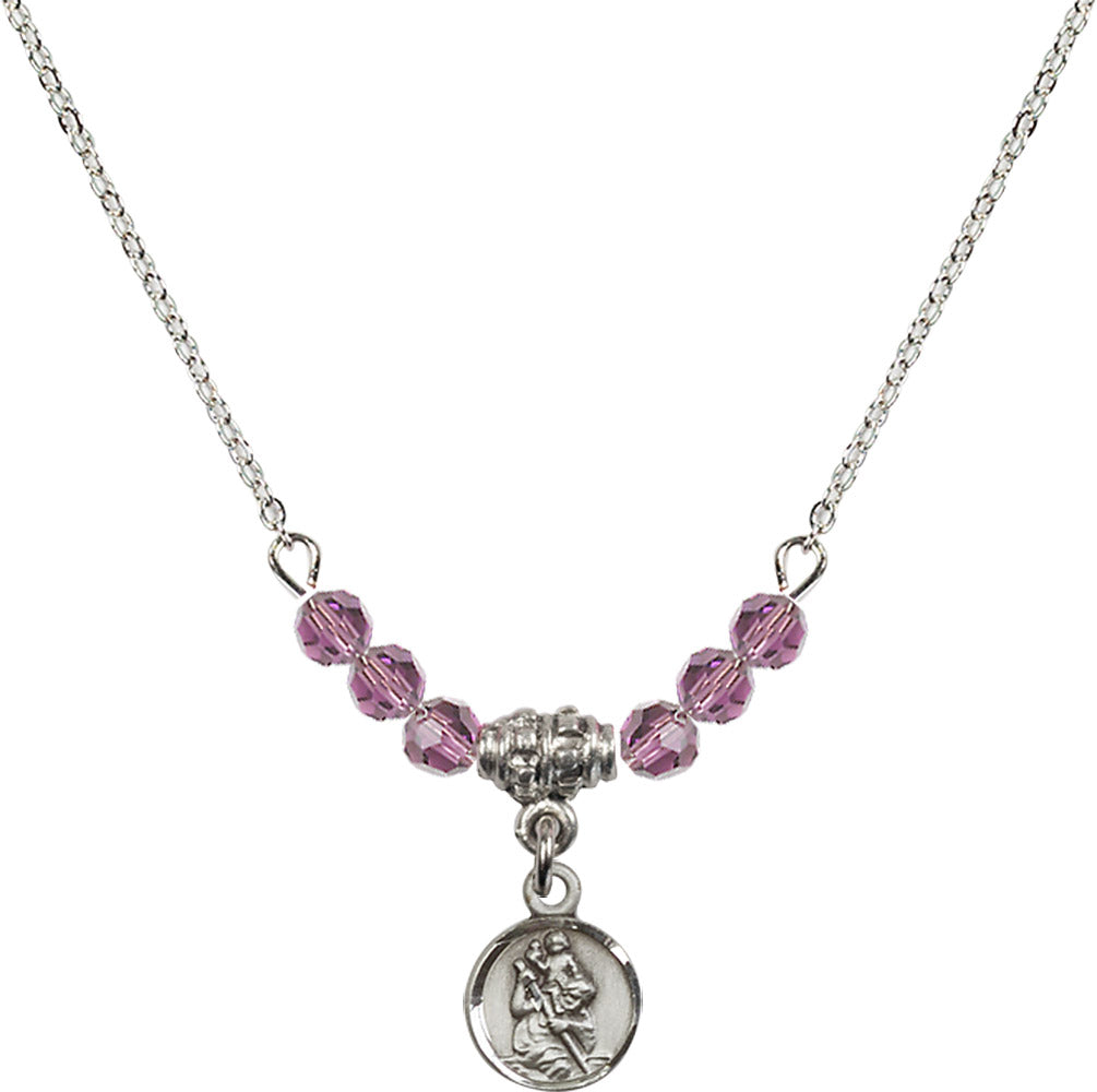 Sterling Silver Saint Christopher Birthstone Necklace with Light Amethyst Beads - 2343