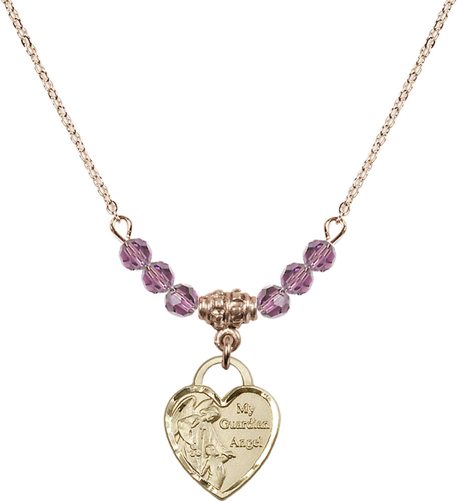 14kt Gold Filled Guardian Angel Heart Birthstone Necklace with Light Amethyst Beads - 3402