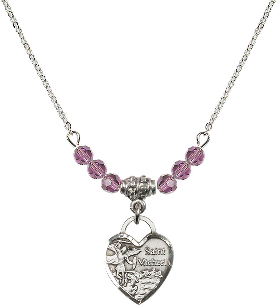 Sterling Silver Saint Michael Heart Birthstone Necklace with Light Amethyst Beads - 3403
