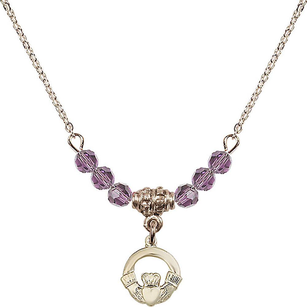 14kt Gold Filled Claddagh Birthstone Necklace with Light Amethyst Beads - 4113