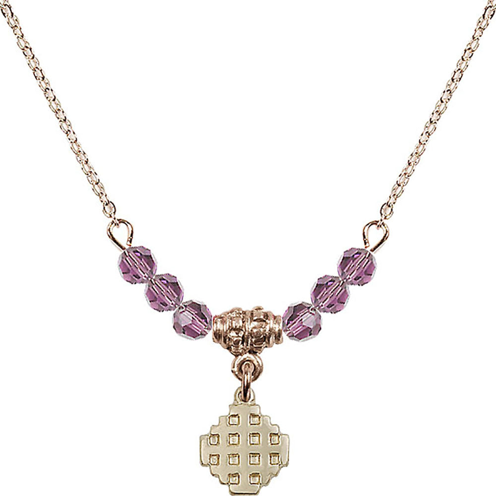 14kt Gold Filled Jerusalem Cross Birthstone Necklace with Light Amethyst Beads - 4118