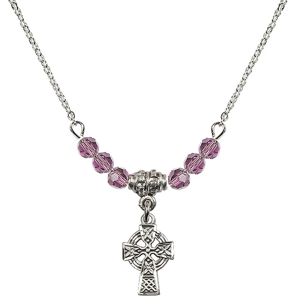Sterling Silver Celtic Cross Birthstone Necklace with Light Amethyst Beads - 4133