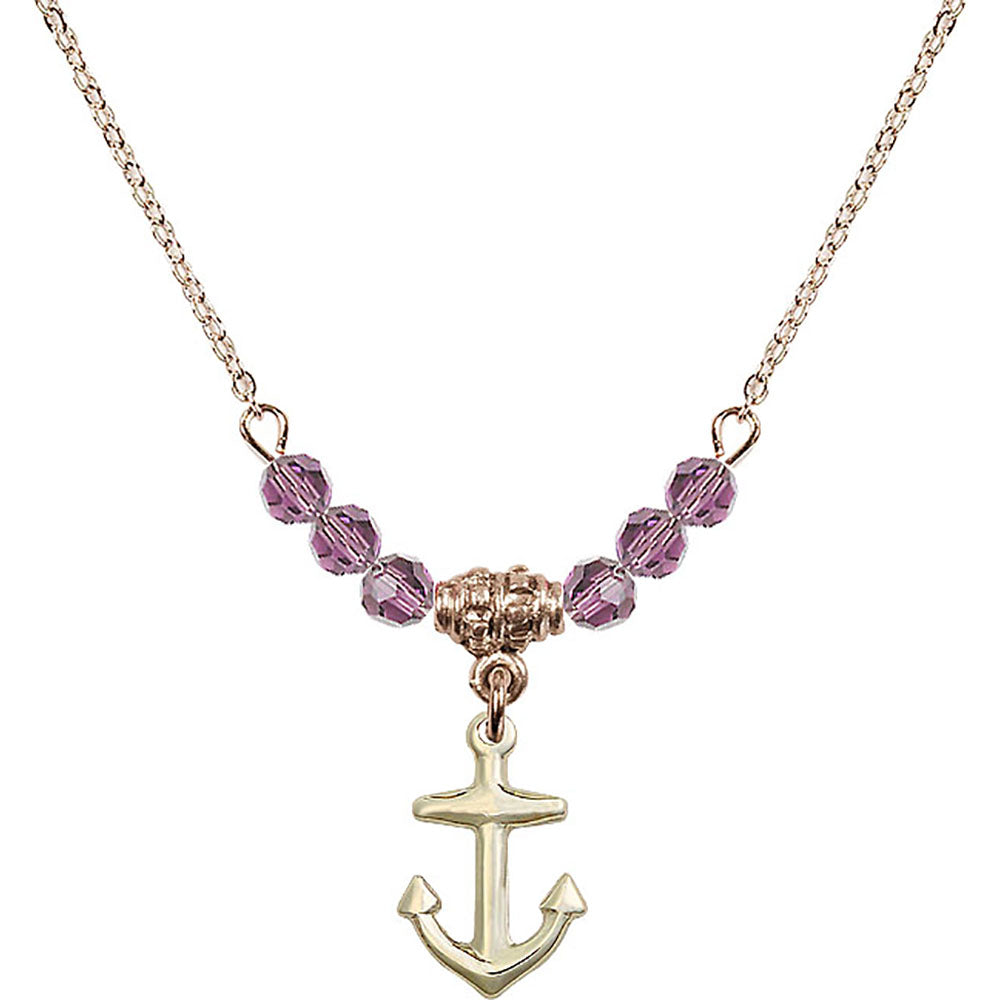 14kt Gold Filled Anchor Birthstone Necklace with Light Amethyst Beads - 4158