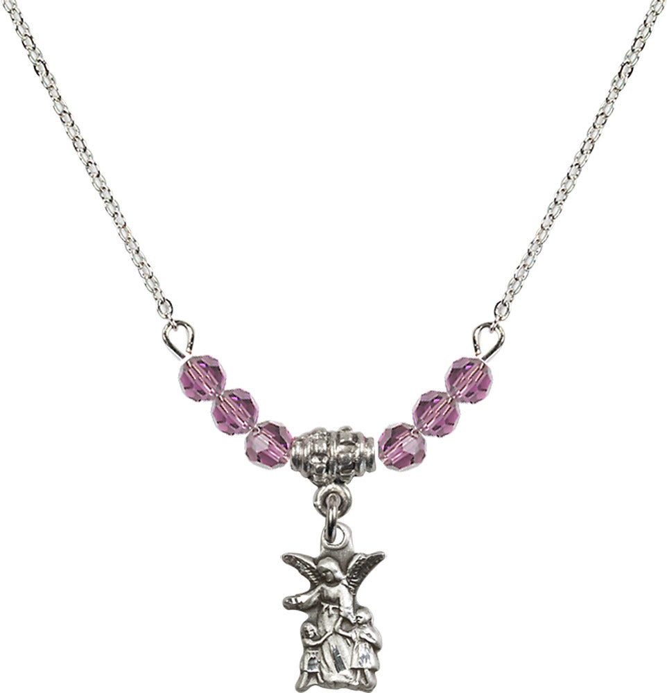 Sterling Silver Guardian Angel Birthstone Necklace with Light Amethyst Beads - 4253