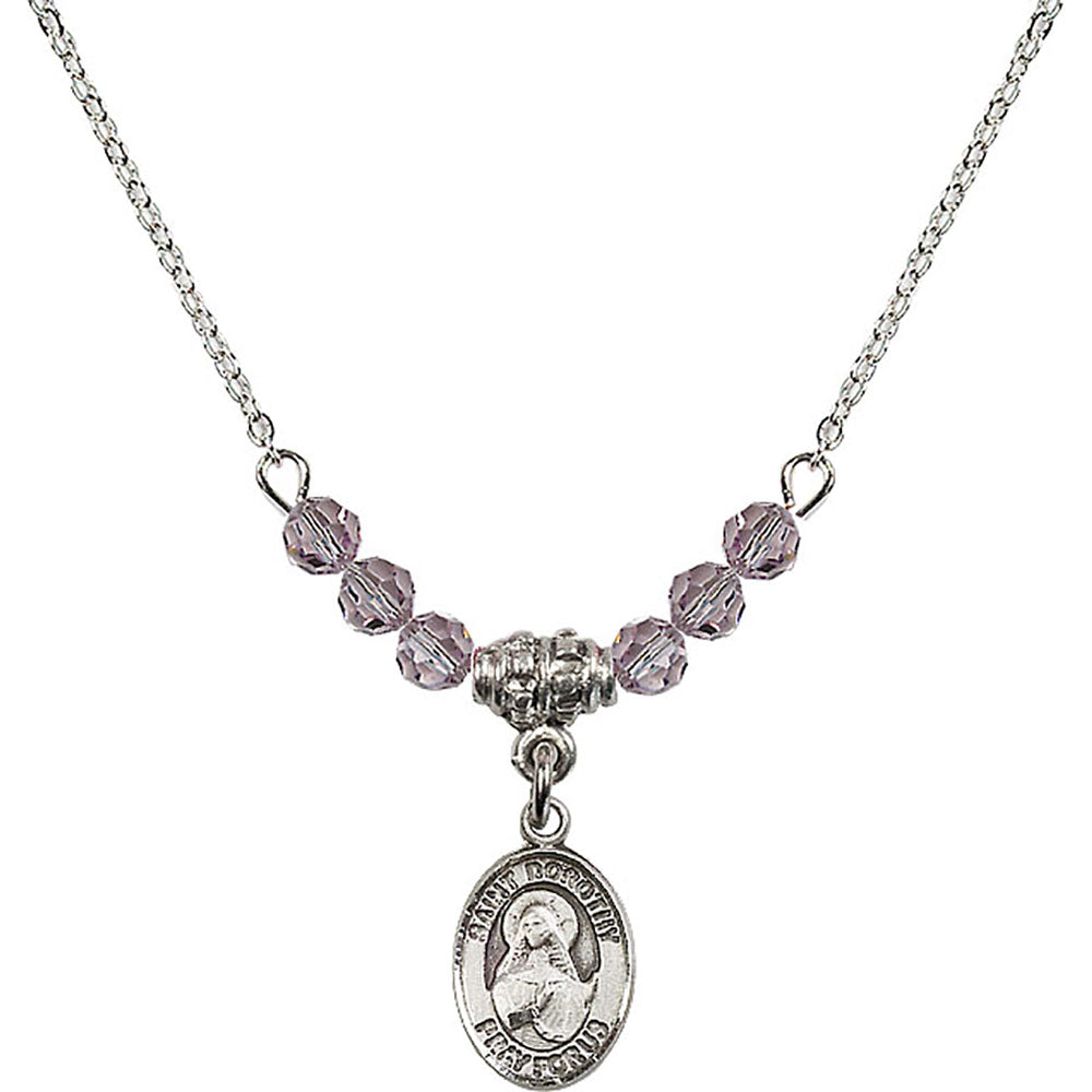 Sterling Silver Saint Dorothy Birthstone Necklace with Light Amethyst Beads - 9023