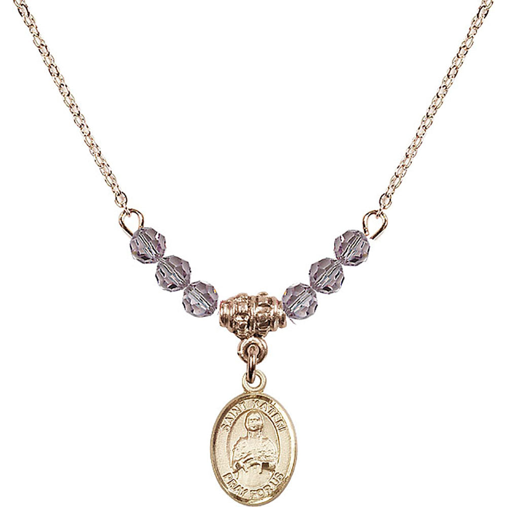 14kt Gold Filled Saint Kateri Tekakwitha Birthstone Necklace with Light Amethyst Beads - 9061
