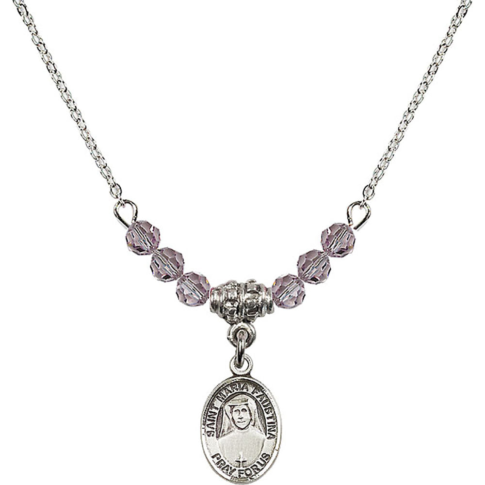 Sterling Silver Saint Maria Faustina Birthstone Necklace with Light Amethyst Beads - 9069