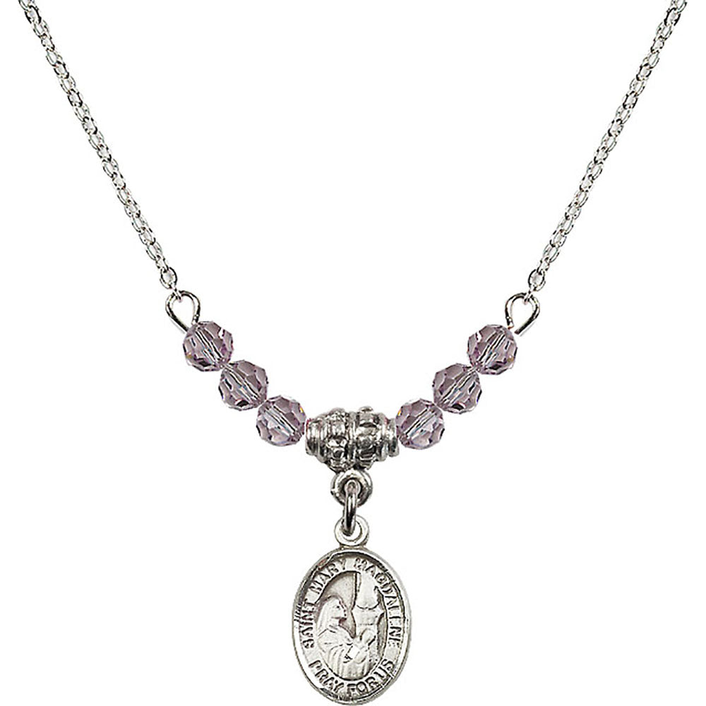Sterling Silver Saint Mary Magdalene Birthstone Necklace with Light Amethyst Beads - 9071