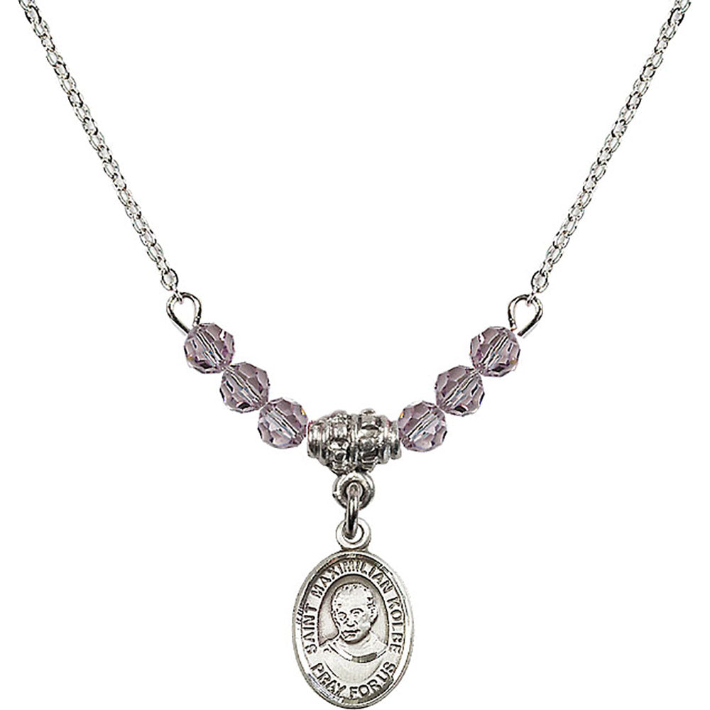 Sterling Silver Saint Maximilian Kolbe Birthstone Necklace with Light Amethyst Beads - 9073