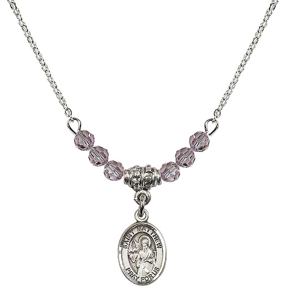 Sterling Silver Saint Matthew the Apostle Birthstone Necklace with Light Amethyst Beads - 9074