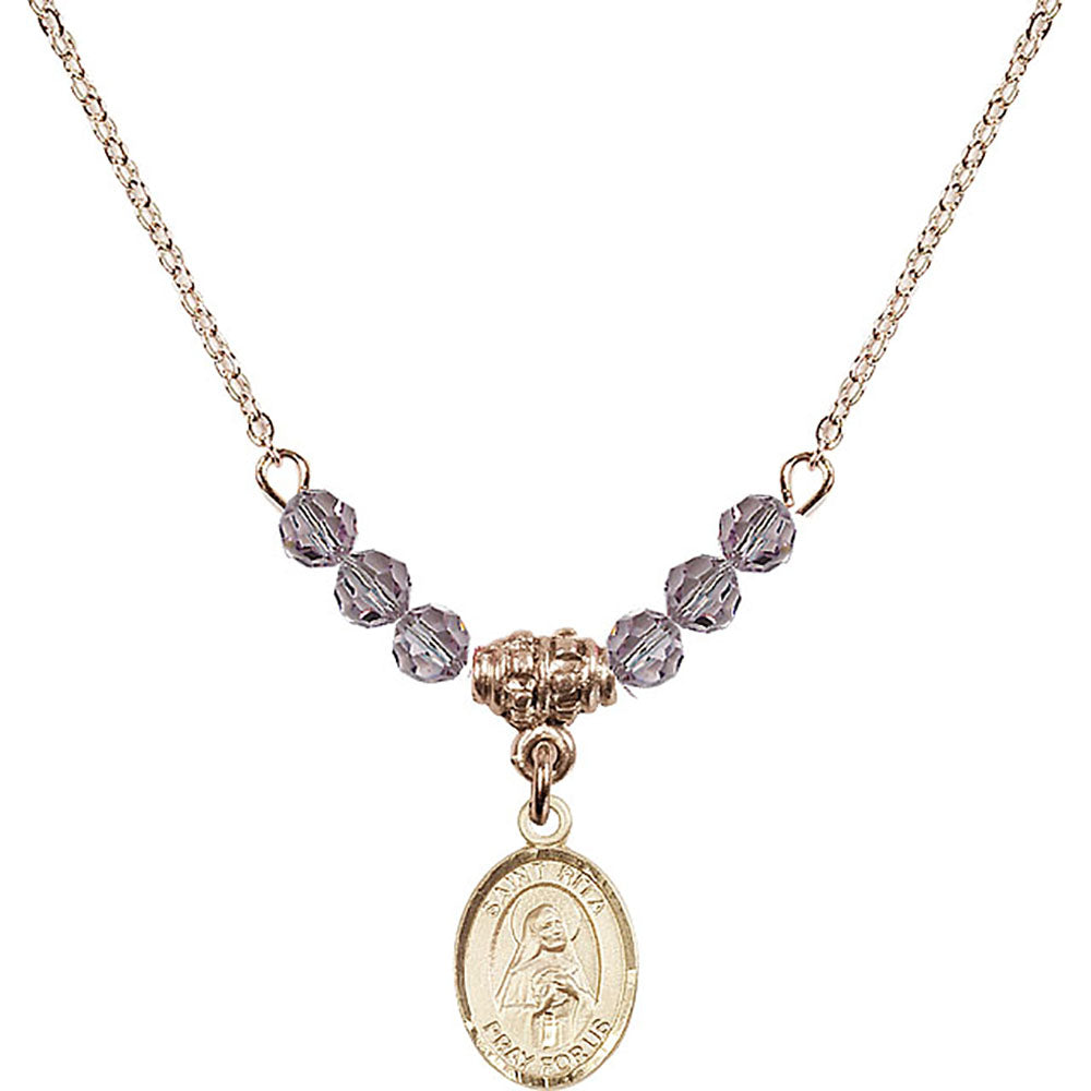 14kt Gold Filled Saint Rita of Cascia Birthstone Necklace with Light Amethyst Beads - 9094