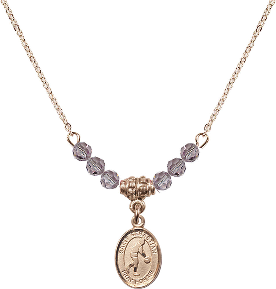14kt Gold Filled Saint Sebastian/Basketball Birthstone Necklace with Light Amethyst Beads - 9163